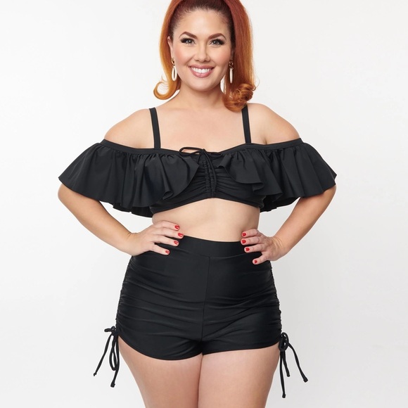 Unique Vintage Plus Size Black Ruffled Swim Top Size 3X/20 - Picture 1 of 5